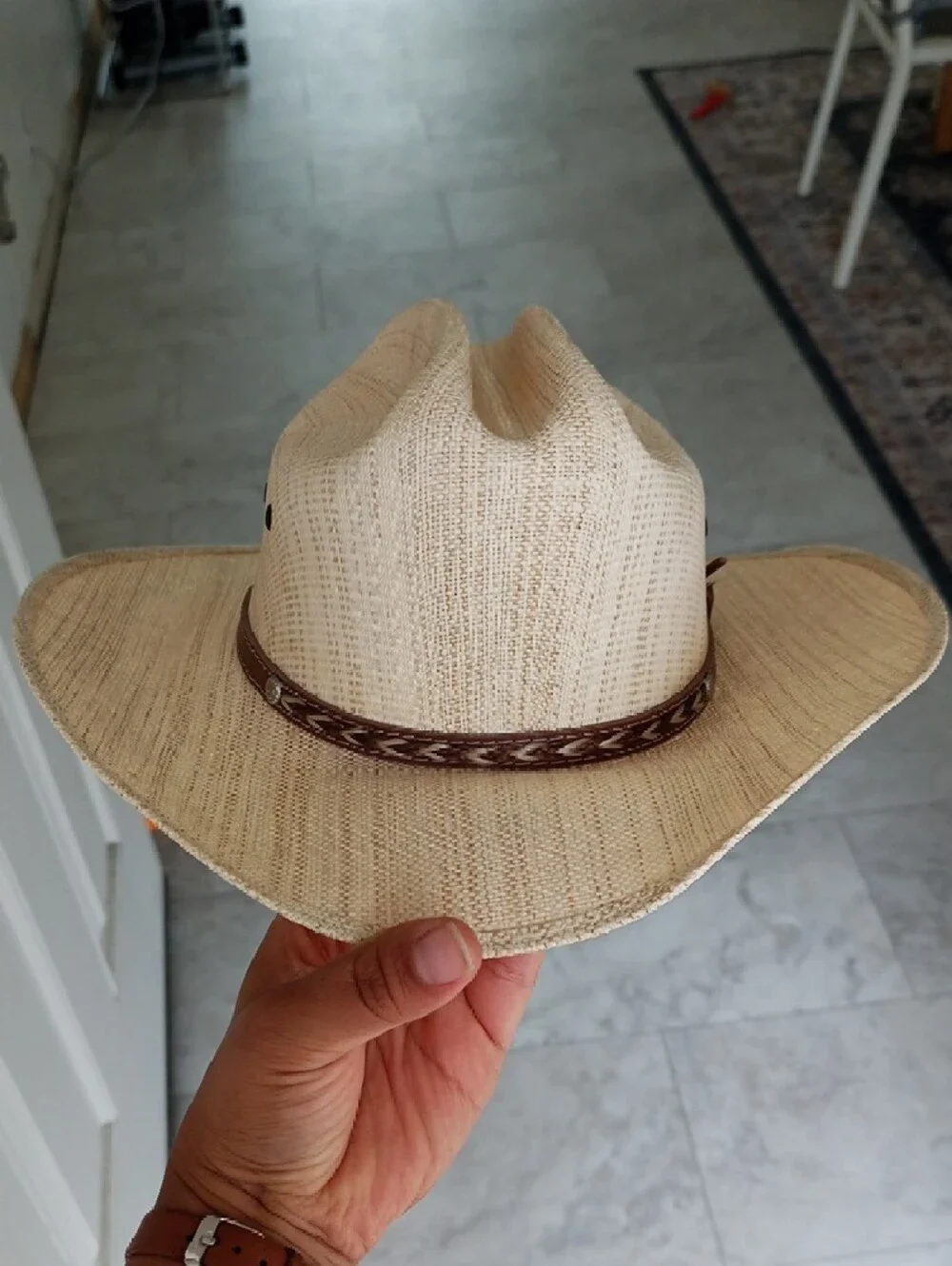 Kids Cream Straw Cowboy Hat with Brown Braided Band